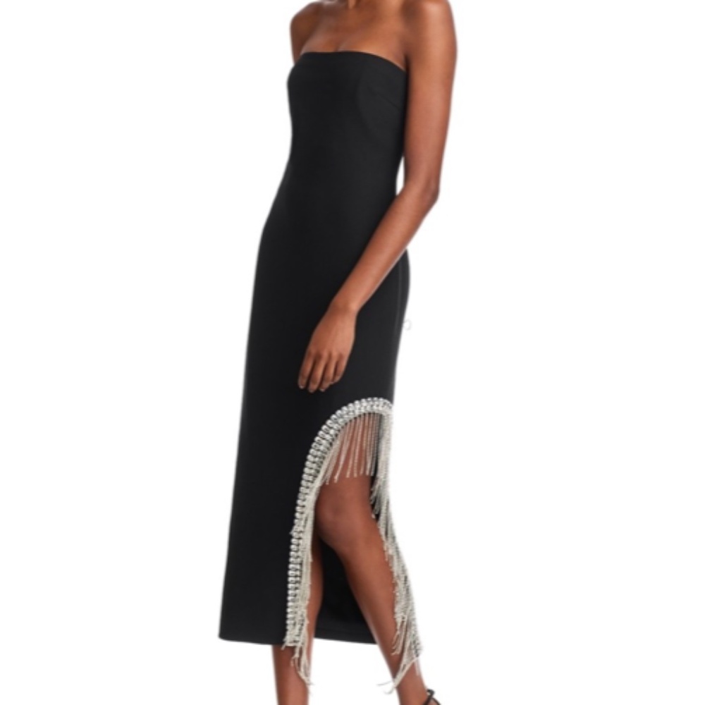 Cinq a Sept Sammy Rhinestone Fringe Black Midi Dress Size 2 NEW
